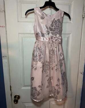 Jayne Copeland Girls Pink Dress with Silver Sequin Rose Pattern and Bow